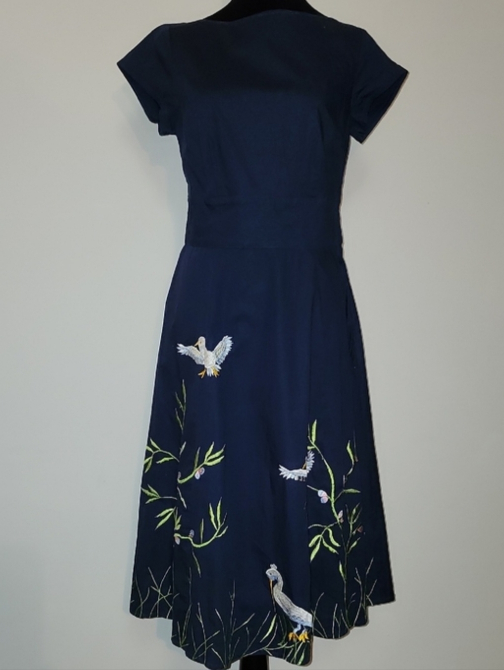 Wayward Fancies Embroidered Bird Midi Dress Navy Cotton Cottagecore XS S